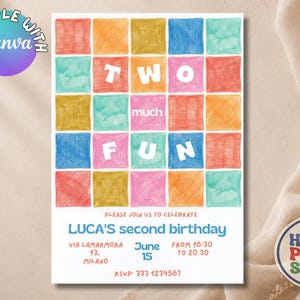 Può includere: Un invito di compleanno rettangolare con una griglia di quadrati colorati disegnati a mano in tonalità rosso, arancione, giallo, blu e rosa. Il testo recita TWO MUCH FUN, PLEASE JOIN US TO CELEBRATE LUCA'S second birthday, 15 giugno, 16:30-20:30.