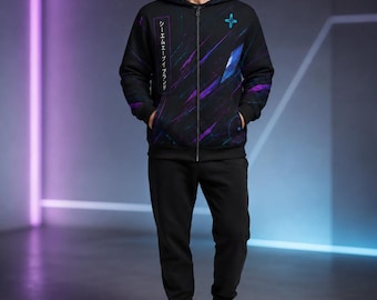 Cyber Murasaki-ritshoodie, paars-cyaan futuristisch streetwear-jack, op anime geïnspireerde techwear-hoody, Japanse grafische cyberpunk-hoody
