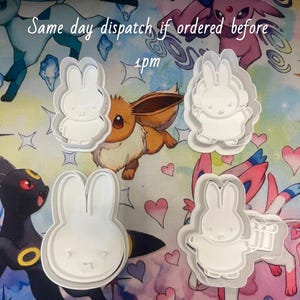 May include: White bunny-shaped cookie cutters are displayed on a colourful background with cartoon characters. The text "Same day dispatch if ordered before 1pm" is visible. The cutters are in various poses.