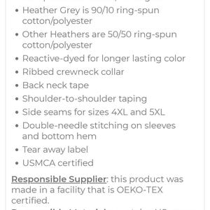 May include: Text listing product features: 4.5 oz./yd&sup2; pre-shrunk cotton, Heather Grey is 90/10 cotton/polyester, reactive-dyed for color, ribbed crewneck collar, back neck tape, shoulder-to-shoulder taping, side seams for sizes 4XL and 5XL, double-needle stitching, tear away label, and USMCA certified.