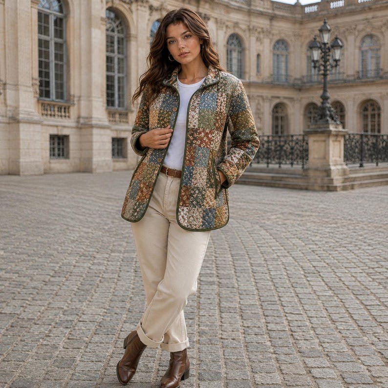 Puede incluir: Una chaqueta acolchada con un patr&oacute;n de patchwork multicolor de dise&ntilde;os florales y geom&eacute;tricos en tonos apagados. La chaqueta se lleva sobre una camiseta blanca de manga larga y pantalones claros, combinada con botines de cuero marr&oacute;n.
