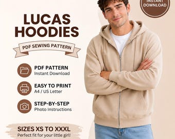 Lucas Hoodie Sewing Pattern | Zip-Up Jacket PDF | Instant Download Sizes XS-XXXL