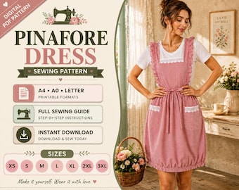 Patrón de costura para vestido de peto, estilo delantal de cuadros vichy vintage, descarga instantánea (XS-3XL)