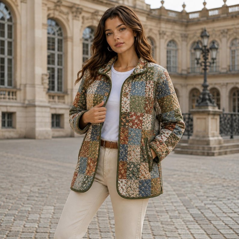 Puede incluir: Una chaqueta acolchada con un dise&ntilde;o de patchwork de varios patrones florales en tonos apagados de azul, verde, marr&oacute;n y crema. La chaqueta tiene un cuello redondo, mangas largas, cierre frontal de botones y ribetes de color verde oliva.