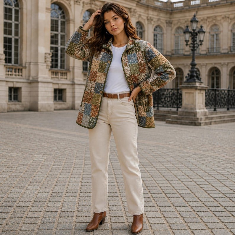Puede incluir: Una chaqueta acolchada de manga larga con un estampado floral de patchwork multicolor en tonos azules, verdes y marrones. La chaqueta se lleva sobre una camiseta blanca lisa, combinada con pantalones color crema, un cintur&oacute;n de cuero marr&oacute;n y botas.