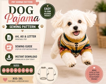 Patrón de costura para pijama de perro, sudadera para mascota en formato PDF, tallas XXS-3XL (descarga instantánea)