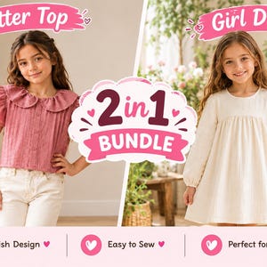 May include: A 2-in-1 bundle sewing pattern featuring a mauve flutter top with a rounded collar and a long-sleeved cream-colored dress. The image includes text labels Flutter Top, Girl Dress, and 2 in 1 BUNDLE, along with icons for Stylish Design, Easy to Sew, and Perfect for Little Girls.