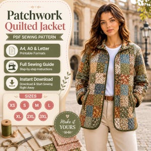 Könnte beinhalten: Ein Schnittmuster für eine gesteppte Patchwork-Jacke mit mehrfarbigem Blumenmuster. Die digitale Datei enthält A4-, A0- und Letter-Formate, eine vollständige Nähanleitung und Größen von XS bis 3XL mit einer Knopfleiste an der Vorderseite.