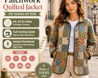 Patrón de costura para chaqueta acolchada con retazos, corte holgado, todas las tallas (descarga digital)