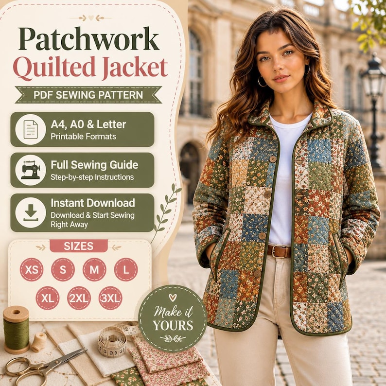 Puede incluir: Un patr&oacute;n de costura para chaqueta acolchada de patchwork con estampado floral multicolor. El archivo digital incluye formatos A4, A0 y Letter, una gu&iacute;a de costura completa y tallas desde la XS hasta la 3XL con cierre de botones.