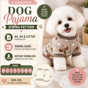 May include: A digital PDF sewing pattern for dog pyjamas featuring text including DOG Pajama SEWING PATTERN, A4, A0 & LETTER, and sizes XXS-3XL. A white dog wears a tan long-sleeve shirt with a brown heart pattern and brown ribbed trim.
