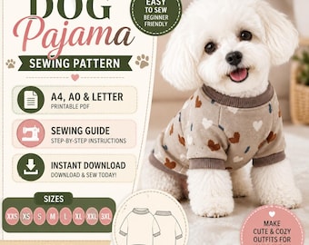 Patrón de costura para pijama de perro, sudadera para mascota en formato PDF, tallas XXS-3XL (descarga instantánea)