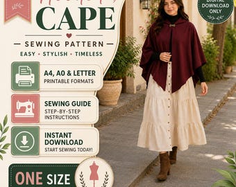 Patrón de costura en PDF para capa con capucha / Patrón fácil para capa tipo poncho / Descarga instantánea / Patrón de costura DIY para mujer