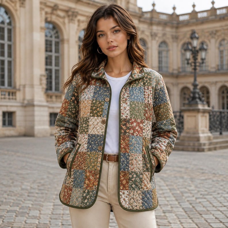 Puede incluir: Una chaqueta acolchada con un patr&oacute;n de patchwork de estampados florales en tonos apagados de azul, verde, marr&oacute;n y crema. La chaqueta tiene cuello, mangas largas, cierre frontal de botones y dos bolsillos laterales, sobre una camiseta blanca.