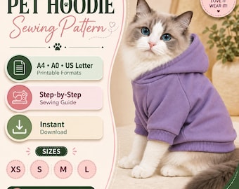 Patrón de costura para sudadera con capucha de gato, ropa para mascotas en formato PDF, tallas XS-L (descarga digital)