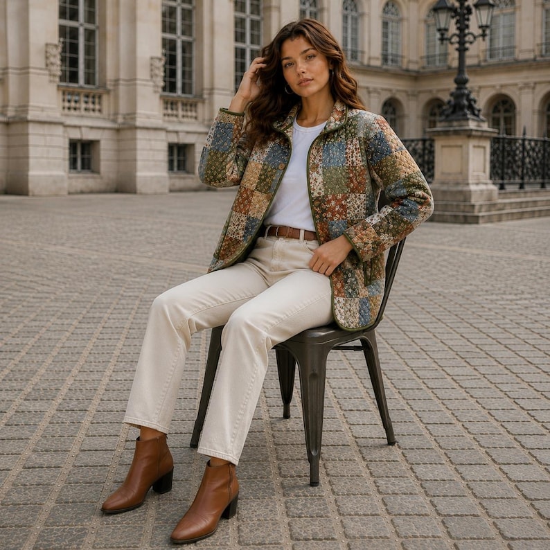 Puede incluir: Una chaqueta acolchada con un estampado floral de patchwork multicolor en tonos azules, verdes y marrones. La chaqueta se lleva sobre una camiseta blanca lisa y pantalones color crema con un cintur&oacute;n de cuero marr&oacute;n, junto a botines de cuero marr&oacute;n.