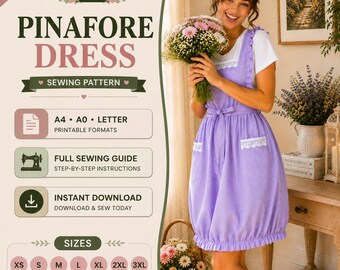 Patrón PDF de vestido peto, patrón de costura, vestido delantal de cuadros vichy, estilo vintage DIY, patrón imprimible, descarga instantánea, XS–3XL