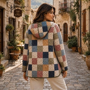 May include: A quilted hooded jacket featuring a multi-colored patchwork pattern of squares in shades of navy blue, muted red, olive green, and tan. The jacket has long sleeves, a hood, and dark green trim along the edges, paired with light pants.