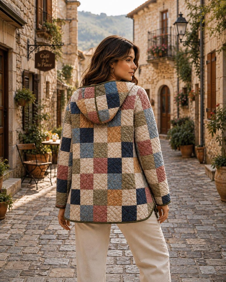 May include: A quilted hooded jacket featuring a multi-colored patchwork pattern of squares in shades of navy blue, muted red, olive green, and tan. The jacket has long sleeves, a hood, and dark green trim along the edges, paired with light pants.