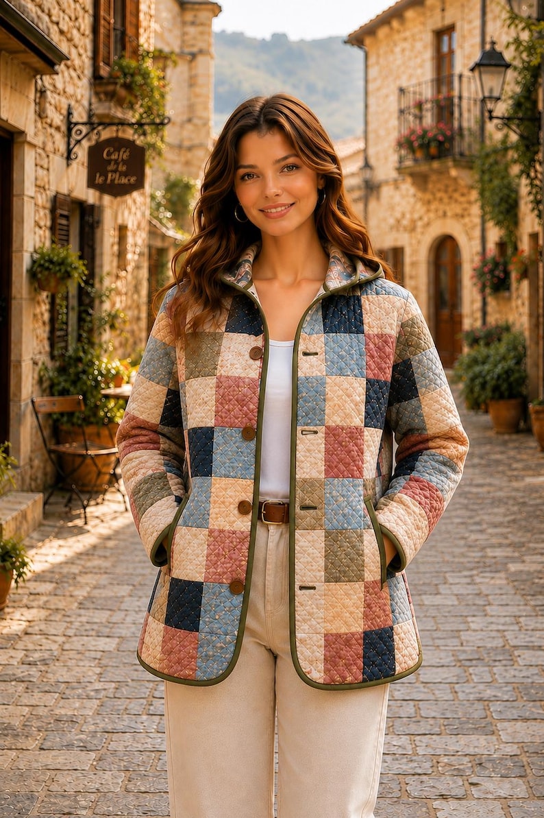 May include: A quilted jacket featuring a multi-colored patchwork pattern of squares in shades of blue, pink, and beige. The jacket has a hood, long sleeves, a front button closure with brown buttons, and olive green trim along the edges and pockets.
