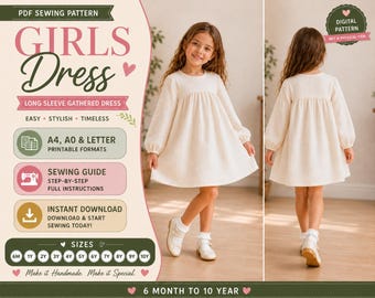 Girls Dress Sewing Pattern, Kids Dress PDF Pattern, Long Sleeve Dress, Gathered Yoke Dress, Girls Sewing Pattern, Instant Download, 6M–10Y