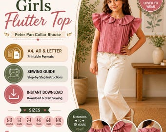Patrón de costura para blusa de niña con cuello Peter Pan y volantes (descarga en PDF)