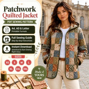 Patchwork Quilted Jacket Sewing Pattern, Relaxed Fit, All Sizes (Digital Download)