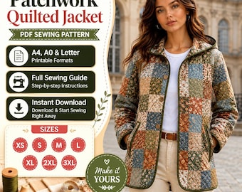 Nähschnittmuster für eine Patchwork-Steppjacke, lockere Passform, alle Größen (digitaler Download)
