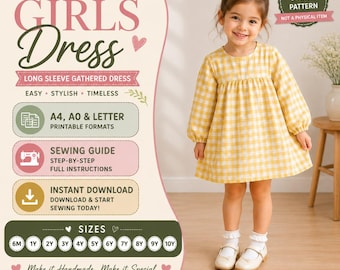 Patrón de costura para vestido fruncido de manga larga para niña (descarga digital)