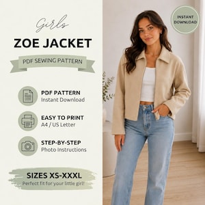 Puede incluir: Un listado de producto digital para un patrón de costura en PDF 'Girls ZOE JACKET'. El texto incluye 'Girls ZOE JACKET', 'PDF SEWING PATTERN', 'PDF PATTERN Instant Download', 'EASY TO PRINT A4 / US Letter', 'STEP-BY-STEP Photo Instructions' y 'SIZES XS-XXXL'.