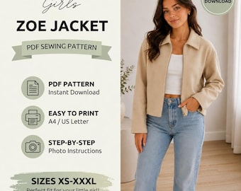 Patrón de costura para chaqueta Zoe / Prenda de abrigo con cuello y cremallera frontal en formato PDF (Descarga digital)