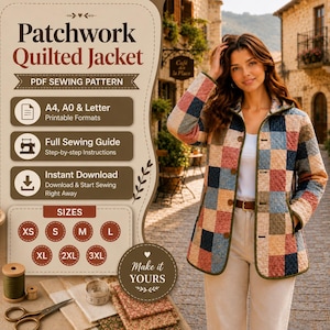 May include: A PDF sewing pattern for a patchwork quilted jacket featuring A4, A0, and letter printable formats, a full sewing guide, and instant download. The pattern includes sizes XS through 3XL. The jacket has a multi-colored checkered pattern.