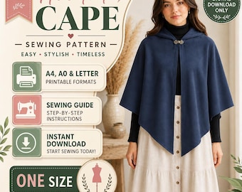 Patrón de costura para capa con capucha / Estilo poncho fácil (Descarga digital)