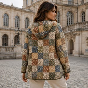 Puede incluir: Una chaqueta acolchada con capucha que presenta un dise&ntilde;o de patchwork con peque&ntilde;os patrones florales en tonos azul, verde, marr&oacute;n y crema. La chaqueta tiene mangas largas, capucha y un dobladillo redondeado con textura de costuras.