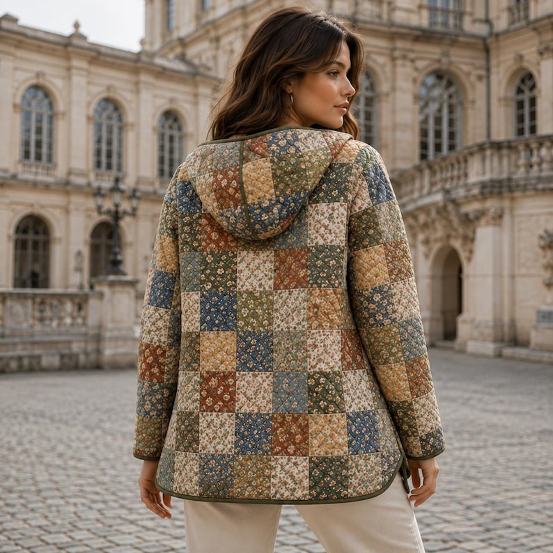 Puede incluir: Una chaqueta acolchada con capucha que presenta un dise&ntilde;o de patchwork con peque&ntilde;os patrones florales en tonos azul, verde, marr&oacute;n y crema. La chaqueta tiene mangas largas, capucha y un dobladillo redondeado con textura de costuras.