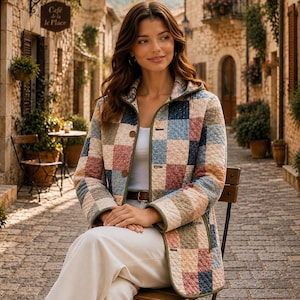 May include: A quilted jacket featuring a multi-colored patchwork pattern in shades of blue, pink, tan, and green. The jacket has a collared neckline, long sleeves, and a front button closure with olive green trim along the edges and seams.