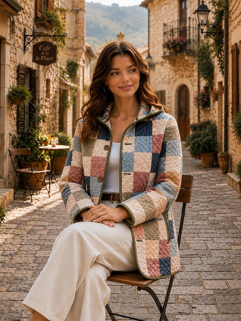 May include: A quilted jacket featuring a multi-colored patchwork pattern in shades of blue, pink, tan, and green. The jacket has a collared neckline, long sleeves, and a front button closure with olive green trim along the edges and seams.