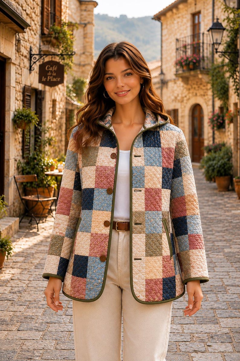 May include: A quilted jacket featuring a patchwork pattern of square blocks in muted shades of blue, pink, beige, and green. The jacket has a hood, a front button closure with brown buttons, and olive green trim along the edges and pockets.