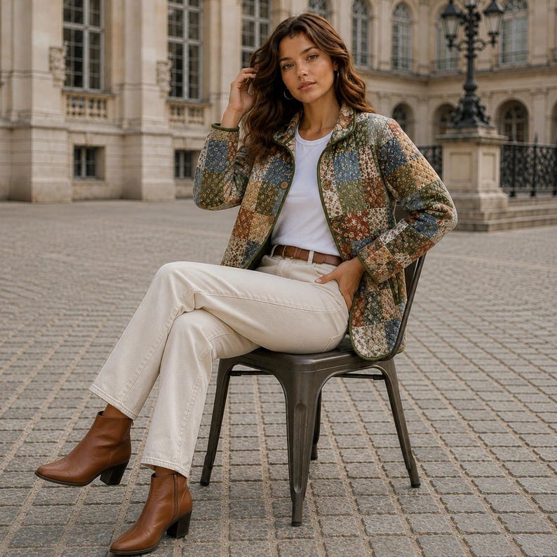 Puede incluir: Una chaqueta acolchada con un estampado floral de patchwork multicolor en tonos azules, verdes y marrones. La chaqueta se lleva sobre una camiseta blanca lisa y pantalones de color crema, combinada con un cintur&oacute;n de cuero marr&oacute;n y botines de cuero.