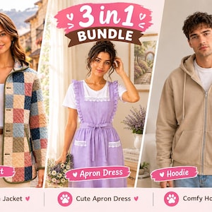 May include: A 3 in 1 bundle featuring a quilted jacket with a multi-coloured checkered pattern, a lavender apron dress with white lace trim, and a beige zip-up hoodie with a drawstring hood and front pockets, presented as a clothing collection.