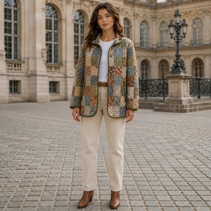 Puede incluir: Una chaqueta acolchada con un estampado floral de patchwork multicolor en tonos verdes, azules y marrones. La chaqueta se lleva sobre una camiseta blanca lisa y pantalones de color beige claro, combinada con botines de cuero marr&oacute;n y un cintur&oacute;n marr&oacute;n.