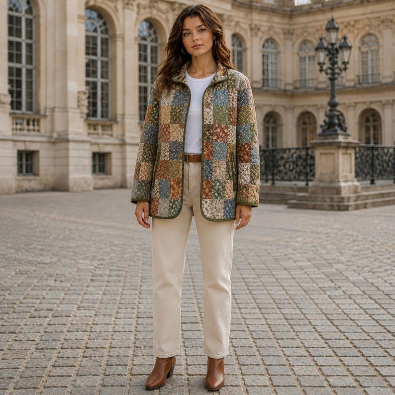 Puede incluir: Una chaqueta acolchada con un estampado floral de patchwork multicolor en tonos verdes, azules y marrones. La chaqueta se lleva sobre una camiseta blanca lisa y pantalones de color beige claro, combinada con botines de cuero marr&oacute;n y un cintur&oacute;n marr&oacute;n.