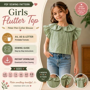 May include: A PDF sewing pattern for a girls' flutter top with a Peter Pan collar. The design features a sage green blouse with short ruffled sleeves, a button-down front, and vertical pleats. Includes printable A4, A0, and letter formats.