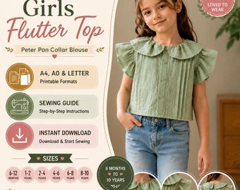 Girls Flutter Top Sewing Pattern, Peter Pan Collar Blouse (PDF Download)
