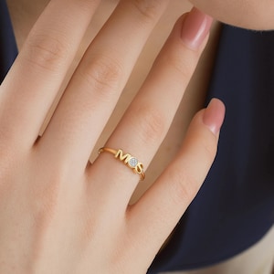 14K Gold Minimalist Double Initial Ring with Round Stone, Personalized Gold Letter Couple Ring, Dainty Promise Jewelry - Gold Plated Silver