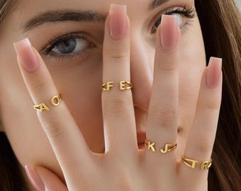 14K Gold Personalized Minimalist Two-Letter Gold Ring - Adjustable Open Alphabet Jewelry - Gold Plated Silver