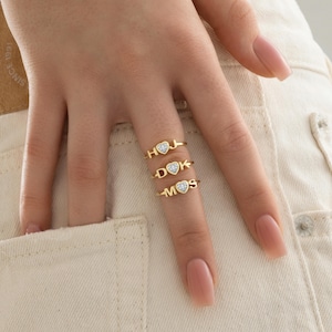 14K Gold Personalized Double Initial Ring - Minimalist Gold Heart Stone Couple Ring - Dainty Custom Promise Jewelry - Gold Plated Silver