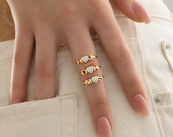 14K Gold Personalized Double Initial Ring - Minimalist Gold Heart Stone Couple Ring - Dainty Custom Promise Jewelry - Gold Plated Silver
