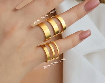 14K Gold Wedding Flat Ring, 1mm-2mm-3mm-4mm-5mm-6mm, Free Laser Engraving, Comfort Fit, Handmade Gold Unisex Ring, Personalized Gift for Her