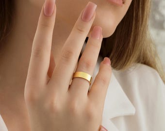 14k Yellow Gold 6mm Flat Width Wedding Bands, Handmade Wedding Ring, Comfort Fit,Free Laser Engraving, Thin Stacking Ring,  Gift For Her